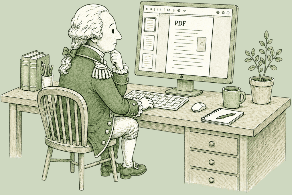 George Washington working at a desk, converting a document to PDF